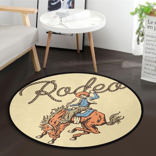 Image of Rodeo Cowboy Area Rug Round 3 ft Washable for Bedroom Living Room Vintage Circle Rug Mat Non Slip Carpet Decor Floor Mat for Bathroom Kitchen Dorm