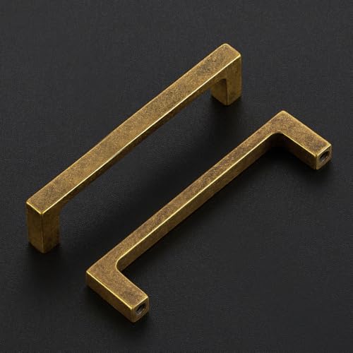 Image of Ravinte Antique Brass Kitchen Cabinet Solid Handles,4 Inch,10 Pack | Solid Zinc Alloy, Modern Slim Style, Square Design, Deep-Thread Firm Base, Screws Included, for Kitchen Drawers & Cupboards