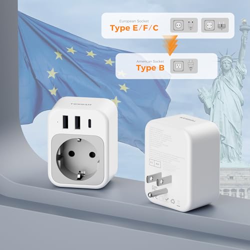 TESSAN EU to US Plug Adapter, European Travel Adaptor with 1 AC Outlet and 3 USB Ports(1 USB C), Most of Europe Germany France Korea Greece Type C/E/F Plugs to US Power Adapter2