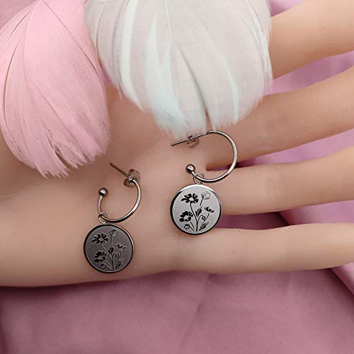 Seensea Floral Signet Earrings Poppy Dangle Drop Charm Disk Bouquet Earrings Huggie Hoop Earrings Botanical Engraved Minimalistic Dainty Jewelry Gifts For Women (Poppy-Silver Earrings) #TOP2