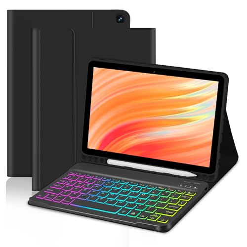 EAMPANG Tablet Case with Keyboard for Amazon Kindle Fire HD 10&10 Plus 11/13th Gen 10.1 inch,7 Color Rainbow Backlit Detachable Keyboard Magnetic Cover with Pen Slot HD 10 2021&2023 Black+Black