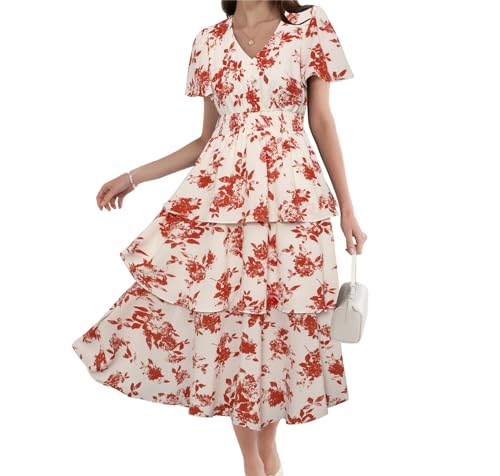 GRACE KARIN Vestido Midi para Mujer Manga Corta Cuello en V Cintura Elástica...