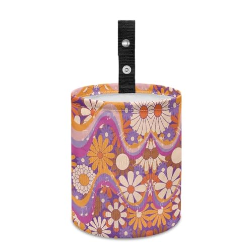 Image of Renewold Waterproof Car Trash Can, Hippie Daisy Swirl Boho Car Garbage Can with Button Straps, Trash Bin for Any Vehicles, Auto Waster Container, Camping Picnic Travel Desktop Storage Bag Organizer