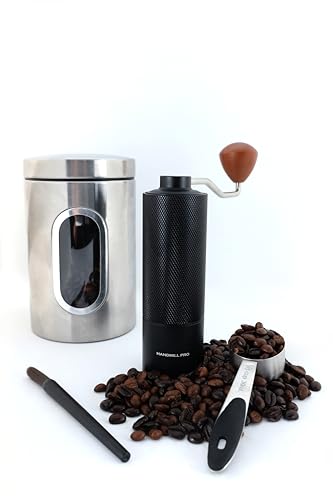 HANDMILL PRO Manual Coffee Grinder - Adjustable Setting for French Press/Espresso Adjustable Setting for French Press/Espresso - (Storing tin + cleaning brush + measuring scoop)