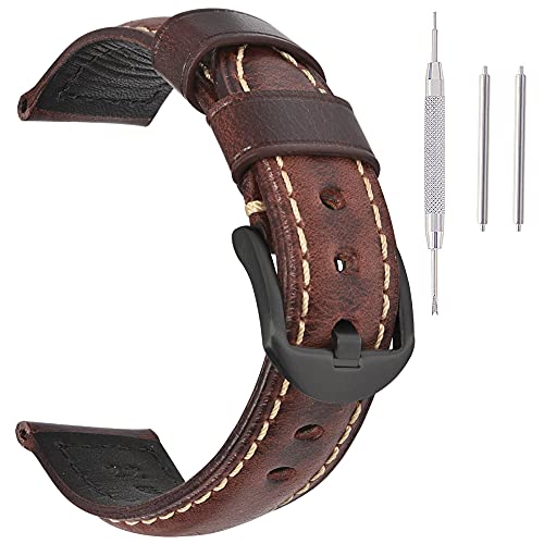 Eache Vintage Leather Watch Band Watch Strap Oil Wax Genuine Leather Replacement Watchband For Men For Women 22Mm Wine Red Black Buckle #TOP2