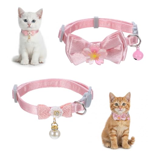 Larrel 2 Pcs Pink Cat Collar Bow, Adjustable Comfortable Pearl Cat Collar with Bow Cute Collars for Girl Cats Breakaway Kitten Accessories with Safety Buckle for Preventing Cats from Get Lost