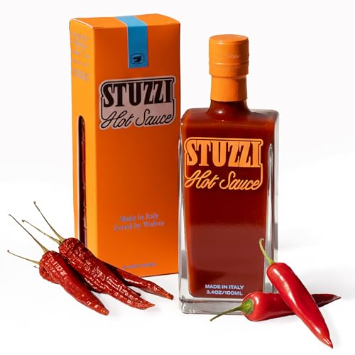 Stuzzi Premium Italian Hot Sauce, Small-Batch Craft Sauce, Dried Campanian & Cayenne Peppers, Medium Heat on Pizza, Tacos + More,Vegan, Non-GMO,No Preservatives, Spicy Holiday Gift 3.4 oz Glass Bottle
