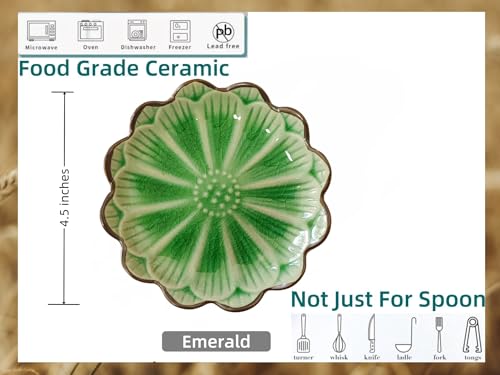 Image of Ceramic Spoon Rest for Stove Top, Flower Cute Spoon Rest for Kitchen Counter, Cooking Spoon Holder for Kitchen Counter, Utensil Rest Spatula Rest Ladle Holder Tong Rest, 1 PC (Cracks Deco, Emerald)