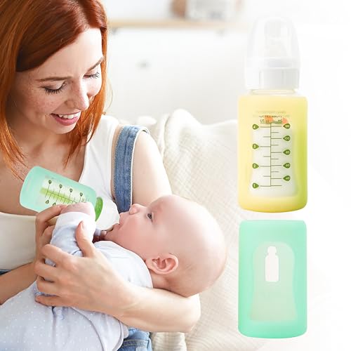 Image of PUREKRA 2PCS Silicone Baby Bottle Sleeves for Dr. Brown Bottles 4 oz, Silicone Bottle Covers Replacement for Dr. Brown Glass Bottles, Narrow Sleeve with a Cutout, Dishwasher Freezer Microwave Safe