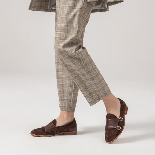 Image of BEAU TODAY Monk Straps Loafers for Women Double Buckles Design Womens Leather Flat Shoes Comfort Business Slip-on Casual Round Toe Loafer Shoes