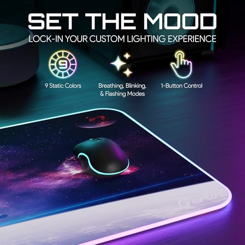 Image of Gerlos RGB Gaming Mouse Pad, Large LED Desk Mat, 31.5 x 11.8 Inch | 12 light modes, non-slip base, water-resistant surface, stitched edges
