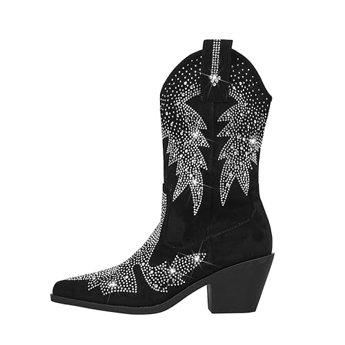 Women's Sparkly Rhinestone Bling Cowgirl Suede Western Boots Shiny Pointed Toe Chunky Heel Glitter Ankle Booties2