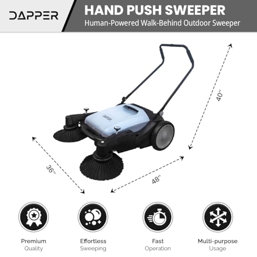 Image of Dapper Supply Walk-Behind Outdoor Hand Push Floor Sweeper - 10.5 Gallon Capacity - 36 inch Sweeping Width - Sweeps up to 39,500 ft /Hour, Grey