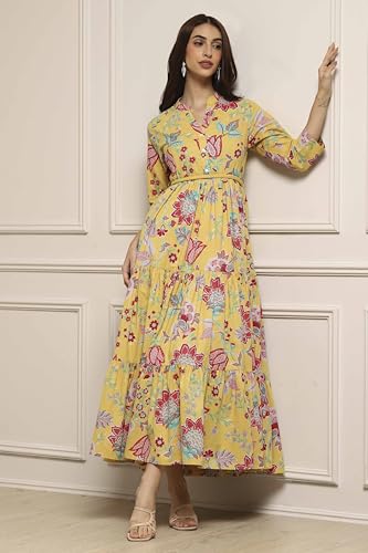 Image of Biba Women's Cotton 3 /4 Sleeves Calf Length Band Collar A-Line Floral Printed Casual Dress