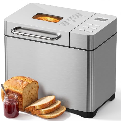 JUMMICO Panificadora de acero inoxidable con 19 programas y 1000 g de capacidad: 3 niveles de tostado, temporizador, 710 W, incluye ventana de visualización y libro de recetas