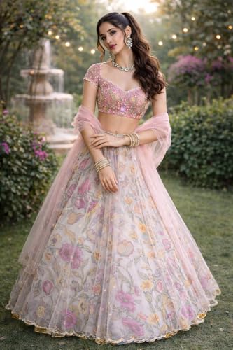 Image of MARUTI FASHION HOUSE Lehenga Choli Draped Lehenga Saree Set For Womens And Girls Ready To Wear Hevay Chinon Fabric With Work Multi Thread Embroidery Work Wedding Letest new