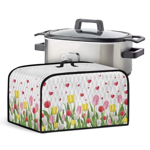Annejudy Slow Cooker Dust Cover Water Proof Air Fryer Cover with Handle and Side Pockets for Storage Kitchen Appliance Accessories Fit for 6-8 Quart Oval Slow Cooker, Tulips Hearts Print
