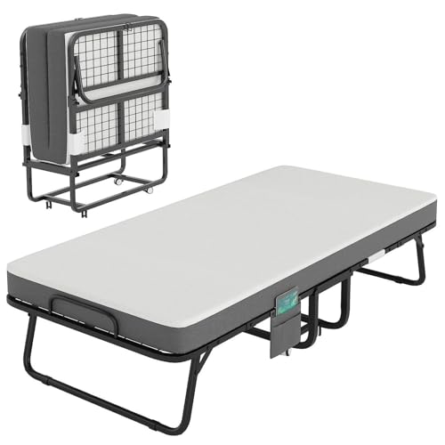 WHHXY Portable Steel Frame Folding Bed with Mattress 190cm*80cm Folding Bed with 5 Inch Thick Memory Foam Mattress with Pulley