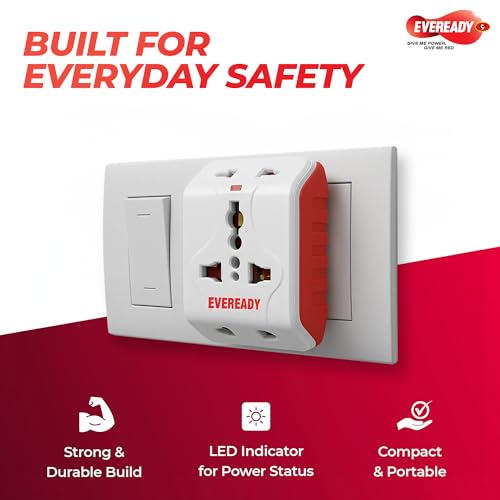 Image of Eveready Everprotect Multiplug | 3 Sockets (1 x 3-Pin & 2 x 2-Pin) | Universal Socket | 240V, 6A | Max Load 1500W | Fire Retardant Body | LED Power Indicator | Compact Plug for Home & Office