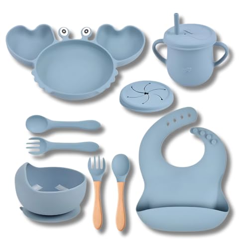 TELEFIX Juego de vajilla para bebés – Juego de comida para bebé con plato, cuenco, vaso, cubiertos y babero – Servicio infantil de silicona sin BPA apto para lavavajillas, antideslizante, color azul