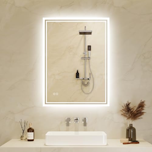 Zurehome Bathroom-Mirror-with-LED-Lights 40x60 cm LED-Bathroom-Wall-Mirror Smart Mirror with Anti-Fog 3 Colors Dimmable Memory Function