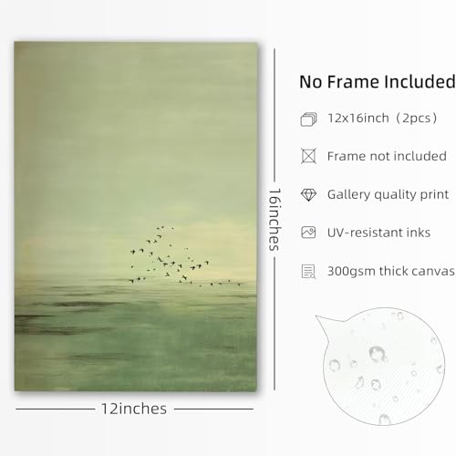 2Pcs Japanese Sage Green Wall Art Minimalist Moon and Bird 12X16in Unframed - image 5