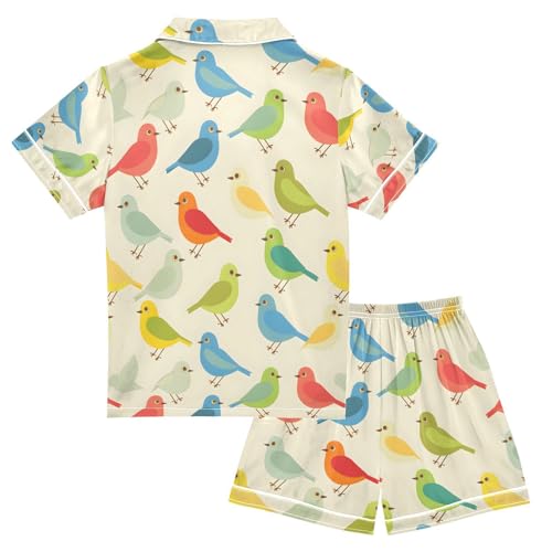 ALAZA Bird Cartoon Colorful Pajamas Satin Pajama Set Short Sleeve Button Down Sleepwear2