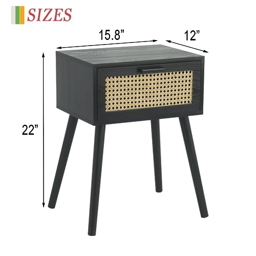 AWASEN Mid Century Modern Nightstand, Rattan Side Table with Drawer, Black Bedside Table with Storage and Solid Wood Legs for Living Room, Bedroom and Small Space (Black) - Thumbnail 2