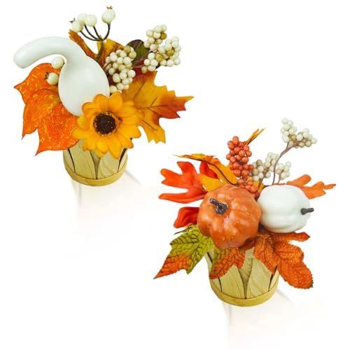 TORONTOKYO-2-Pieces-Artificial-Fall-Potted-Flowers-Small-Fall-Fake-Plant-with-Pumpkins-Maple-Leaves-Berries-Sunflower-Bamboo-Basket-Fall-Table-Decor-for-Harvest-Farmhouse-Home-Party-Thanksgiving-Day TORONTOKYO 2 Pieces Artificial Fall Potted Flowers Small Fall Fake Plant with Pumpkins Maple Leaves Berries Sunflower Bamboo Basket Fall Table Decor for Harvest Farmhouse Home Party Thanksgiving Day
