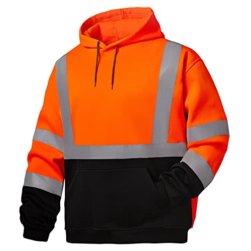 High Visibility Hoodie For Men, Safety Class 3 Hi Vis Hoodie,Construction Work Sweatshirt,Reflective Hooded Sweatshirt, With Extra large Pocket Orange(L)