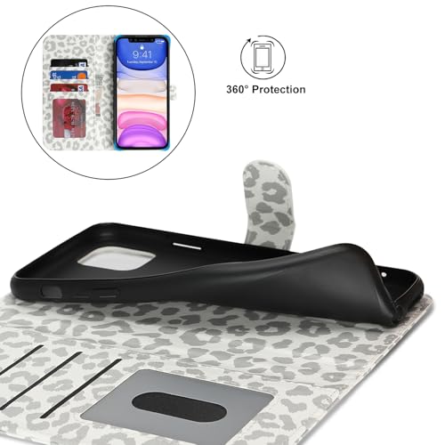 Image of for iPhone 11 Case Wallet with Card Holder,for iPhone 11 Wallet Case for Women Men,PU Leather Shockproof Magnetic Buckle Stand Flip Phone Case-White Leopard