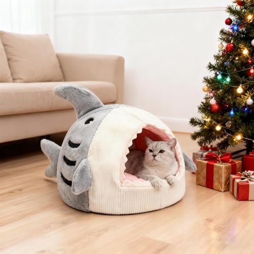 Niche pour chats en forme de requin peluche lavable pour hiver