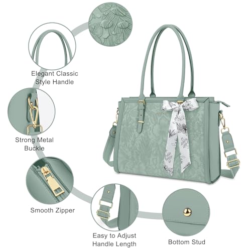 Image of MOSISO Laptop Bag for Women, PU Leather Tote Bag, Front Embossed Retro Hibiscus Computer Bags with Silk Scarf&Clutch Purse