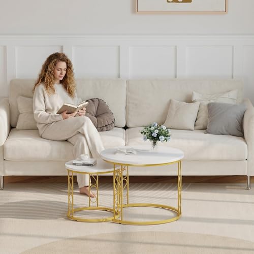 Image of Garden 4 you Coffee Table Faux Marble Nesting Table for Small Place 2 Sets Modern Furniture Living Room Sets End Side Table Night Stand for Bed Room Dining Room (White & Gold)