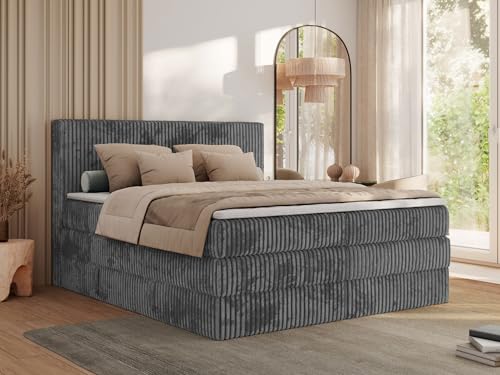 MKS MEBLE Boxspringbett mit Matratze H4, Bett mit Bettkasten und Stauraum, Doppelbett mit Kopfteil, Polsterbett 200x200 mit Topper T25 - Tiliano King - Cord Grau