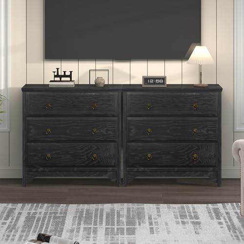 Image of Chogori Farmhouse Solid Wood Nightstand Set of 2, Rustic End Table with 3 Drawers & Vintage Ring Pulls, Sturdy Accent Side Table for Bedroom, Living Room, Hallway (Black-3 Drawers)