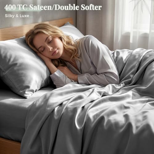 ANSSO Viscose Derived from Bamboo Sheets Queen Size, 400 TC Luxury Silky Bedding Sheets with 16" Deep Pocket,Ultra Breathable Cooling Bed Sheets for Hot Sleepers-4 Piece Set (Grey) - image 4