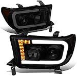 DNA MOTORING HL-LB-TT07-BK-SM-AM Pair LED DRL Tube+Turn Signal Projector Headlight Set Compatible with Toyota Sequoia 08-17 / Tundra 07-13,Black Housing Smoked Lens Amber Corner