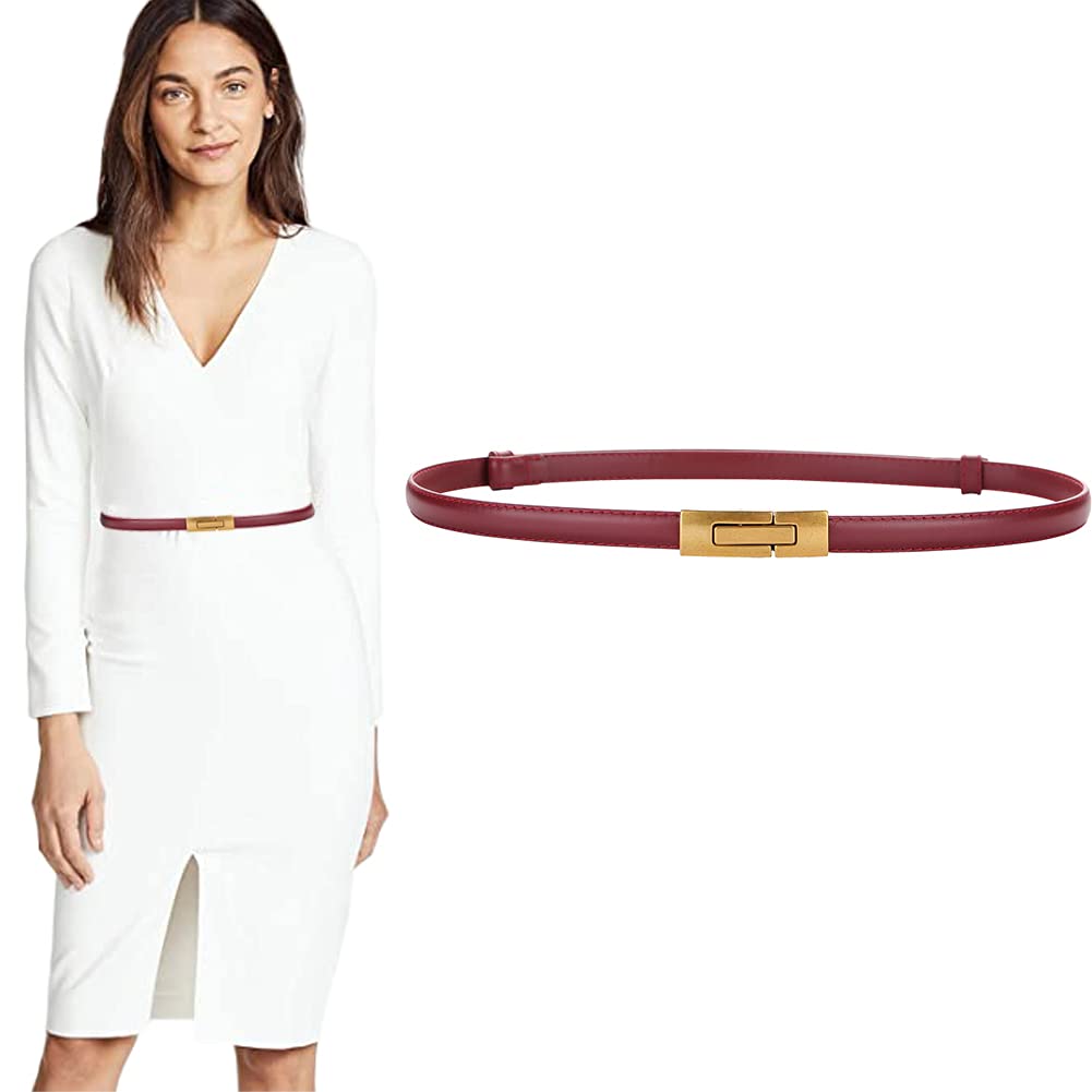 Womens Genuine Leather Skinny Belt Adjustable Thin Waist Belt for Dress with Vintage Gold Buckle