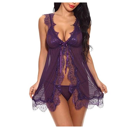 NBCSVHGPWMR Ropa Erótica Lencería Sexy Bata Erótica Tanga Ropa De Dormir para Mujer Vestido Babydoll Encaje Camisón Transparente-Purple_XL