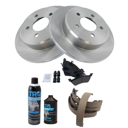 Image of TRQ Rear Brake Pad & Rotor Kit, with Chemical Kit Parking Brake Shoe Set Semi-Metallic Compatible with 2001-2007 Chrysler Town & Country Dodge Caravan Grand Caravan