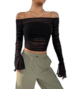 COZYEASE Women's Solid Ruched Off Shoulder Crop Tee Sheer Mesh Long Sleeve Bodycon T Shirt