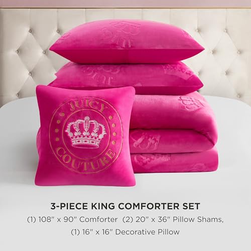 Image of Juicy Couture Plush Reversible Embossed Crown 4-Piece King Comforter Set with Decorative Pillow, Hot Pink