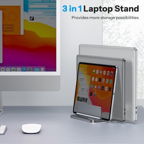 Image of OMOTON Vertical Laptop Stand [Updated 3-Slots Version], Desktop Aluminum Mac Book Stand with Adjustable Dock Size, Fits All Mac Book, Surface, Chrome Book and Gaming Laptops (Up to 17.3 inch), Grey