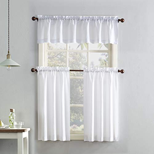 No. 918 Martine Microfiber Semi-Sheer Rod Pocket Kitchen Curtain Valance And Tiers Set, 54" X 36", White #TOP3