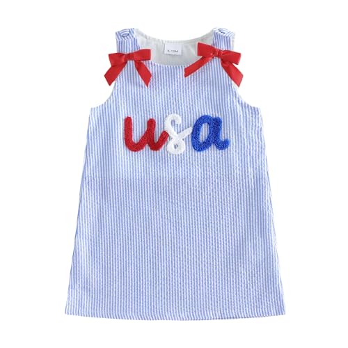 Rourufy 4th of July Toddler Girl Outfit Baby Girls Memorial Day Dress Little Kids Bow USA Tank Dresses Cute Summer Clothes (A USA Bow Blue 3-4 Years)