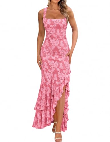 BORIFLORS Women's Elegant Ruched Floral Maxi Dress Mesh Mermaid Ruffle Wedding Guest Cocktail Long Formal Dresses