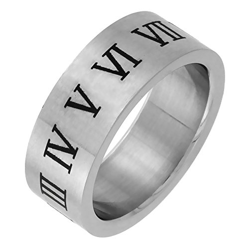 Surgical Stainless Steel 8mm Roman Numerals Ring Wedding Band Matt Finish, Size 8