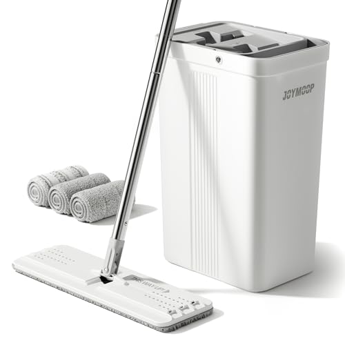 JOYMOOP モップとバケツセット ハンズフリー モップ 拭き掃除 フラットフロア用 洗えるマイクロファイバーパッド3枚付 フローリング・床拭き対応 水拭き対応 絞り器付きフロアワイパー