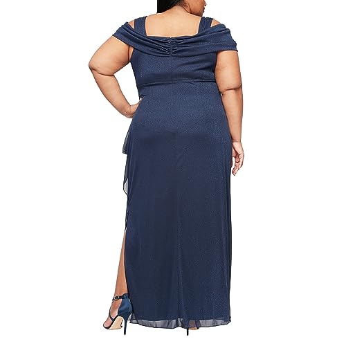Image of Alex Evenings Women's Long Cold Shoulder Dress, Mother of The Bride, Formal Events, Dark Navy Glitter, 16 Plus